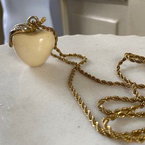 KJL Kenneth Jay Lane Cream Acrylic Apple with Crystals and LONG Goldtone Chain